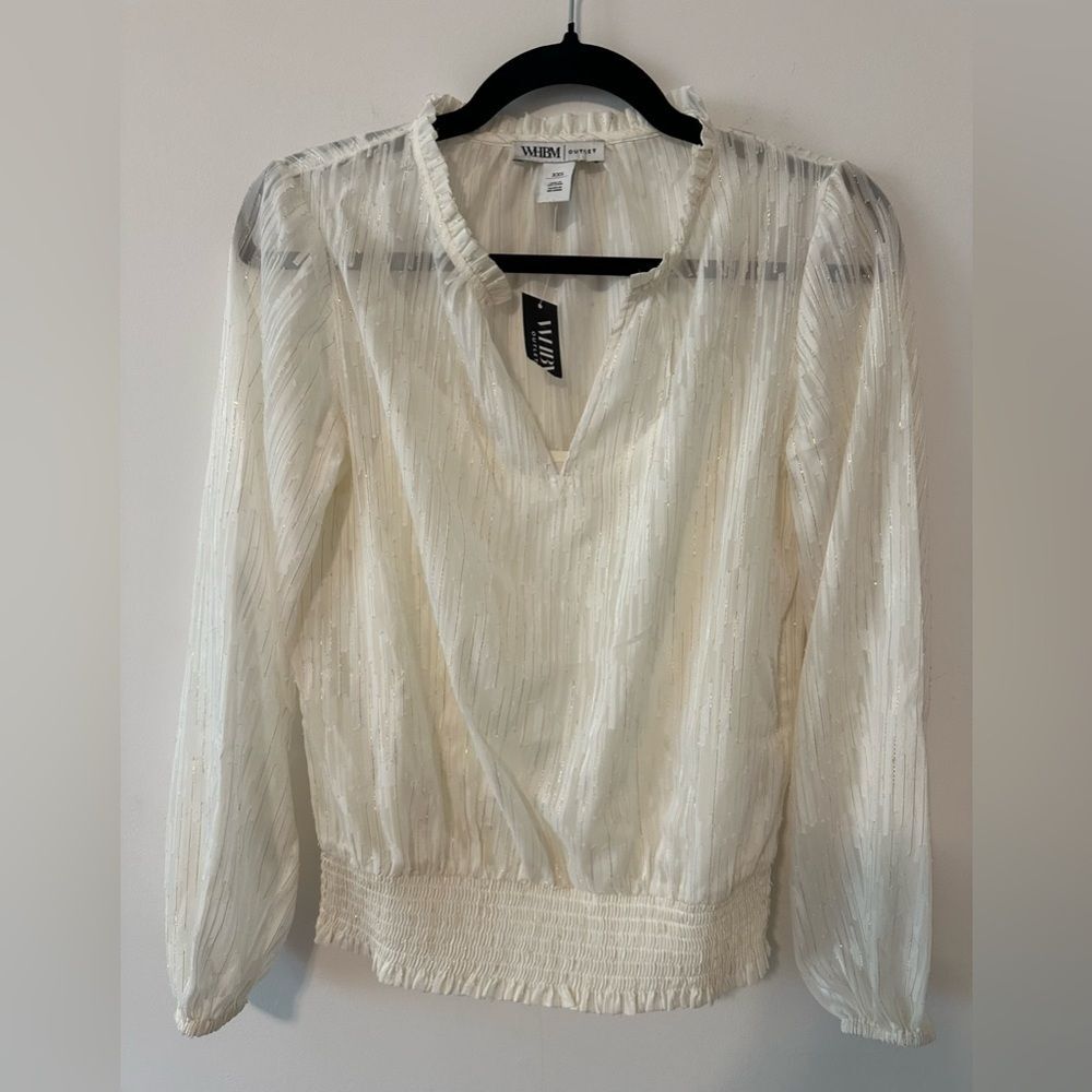 White House Black Market Long Sleeve Chiffon Smock Blouse SZ XXS V Neck Beige